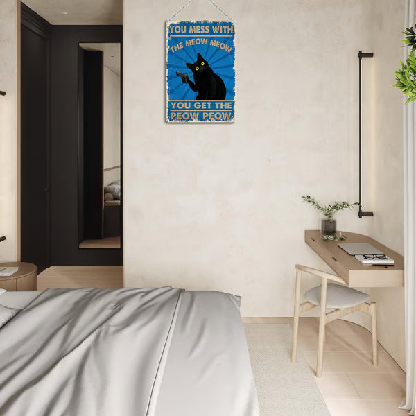The "Meow Meow Peow Peow" Vintage Black Cat Metal Sign