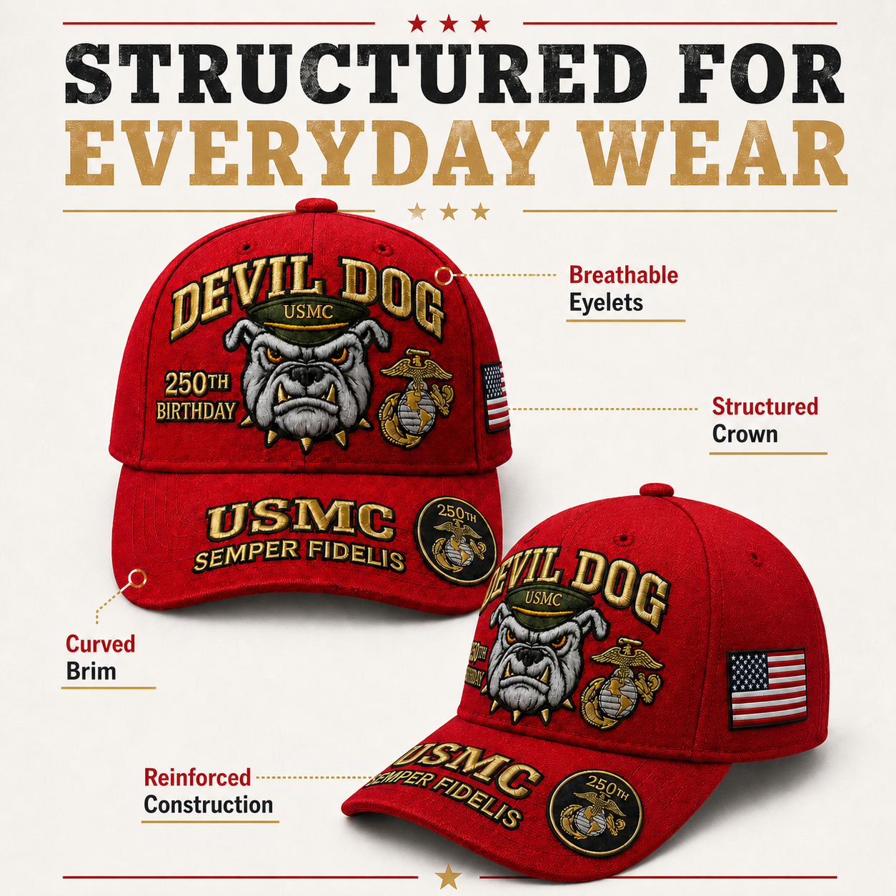 Father's Day Sale -Handmade Embroidered Devil Dog USMC 250th Birthday Commemorative Cap us