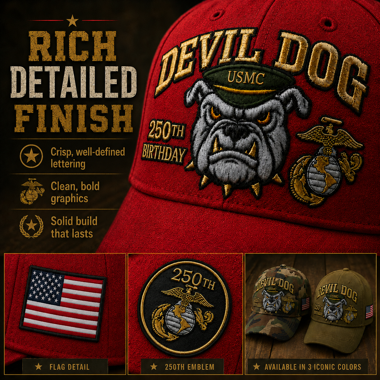 Father's Day Sale -Handmade Embroidered Devil Dog USMC 250th Birthday Commemorative Cap us