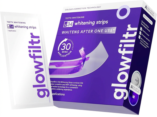 Glowfiltr V34 Whitening Strips, Teeth Whitening Strips, Tooth Stain Treatment, Combining Whitening and Colour Correction