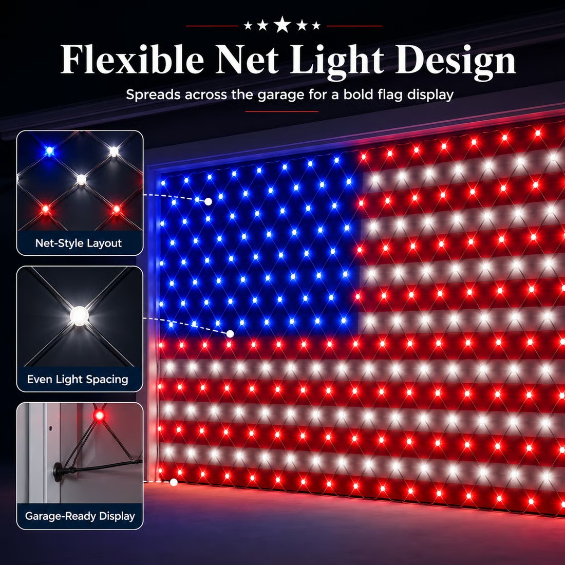 🇺🇸 4th Of July Garage Flag Net Lights📏16.1 ft × 6.9 ft