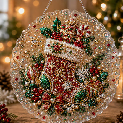 🎄 LAST DAY 49% OFF – ✨ Christmas Pearl Diamond Art Hanging Ornament Kit | Luxury Flocked Canvas with Scratch-Resistant Non-Fading Pearl Beads DIY Handmade Holiday Hanging Decor 🎅💎